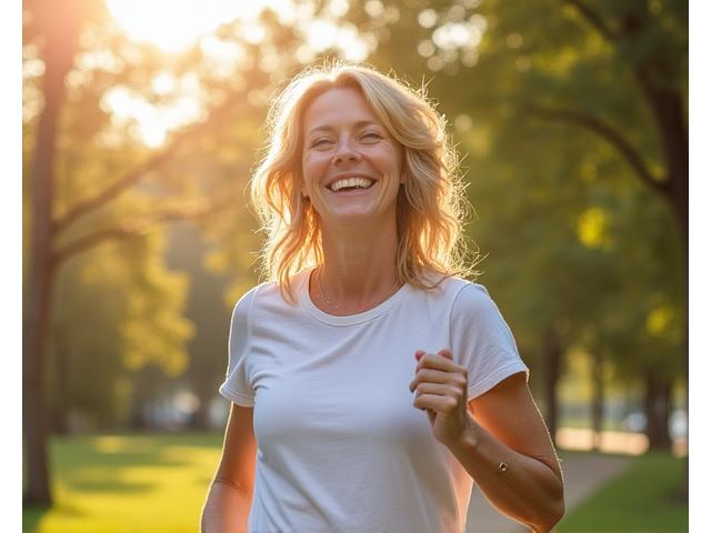 Sarah, 42, smiling confidently after improving her energy