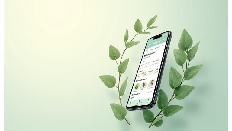 Clean smartphone screen displaying a holistic wellness app interface with categories for sleep, nutrition, and exercise, surrounded by a subtle green leaf design.