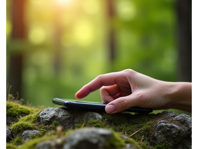 Person enjoying nature, putting down a smartphone, with blurred forest background, emphasizing disconnecting from digital devices.