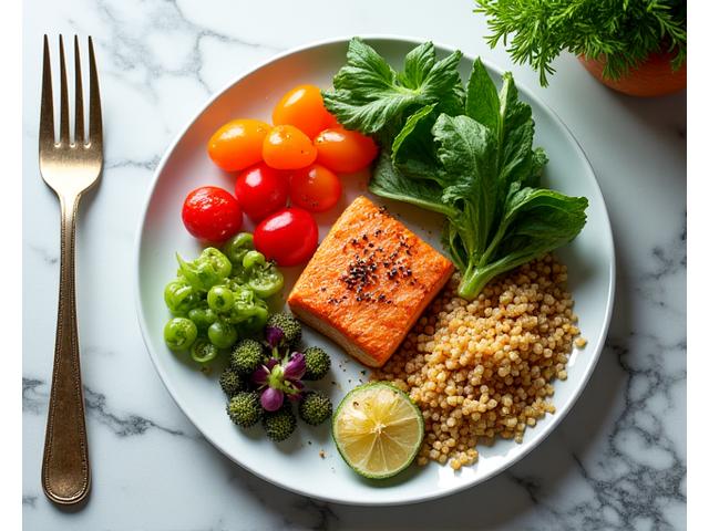 Vibrant, balanced meal featuring fresh whole foods like colorful vegetables, lean proteins, and grains, illustrating healthy eating for longevity.