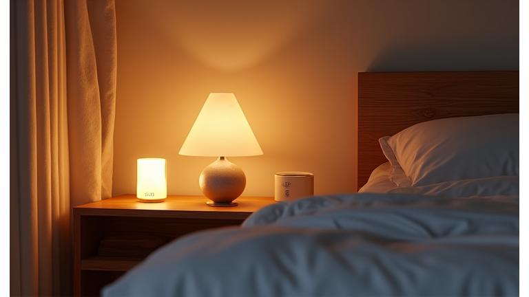 Modern smart bedroom with ambient lighting, a smart speaker, and a clean interface on a bedside tablet, suggesting automated wellness routines.