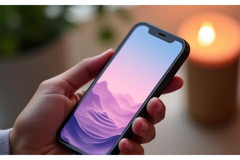 Smartphone displaying a popular meditation app interface with calming visuals, held by hands in a relaxed posture.