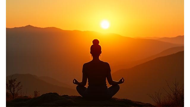Person silhouetted against a sunrise, seated calmly in a meditation pose, symbolizing peace and new beginnings.