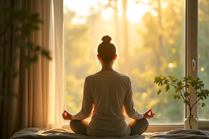 Serene adult figure meditating by a window bathed in soft morning light, surrounded by subtle glowing digital connections, symbolizing mental resilience and technological integration.