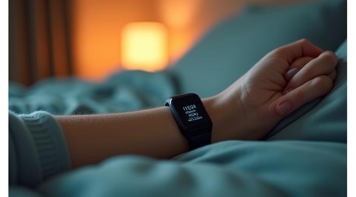 Close-up of a wrist wearing a sleep tracking device, with blurred background of a tranquil bedroom, indicating restful sleep.