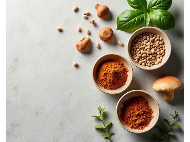 Close-up of dried adaptogenic mushrooms and herbs in small bowls, signifying natural stress relief.