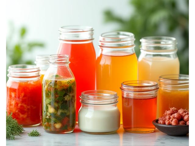 Assortment of vibrant fermented foods like kimchi, kombucha, and yogurt in clear jars, symbolizing gut health.