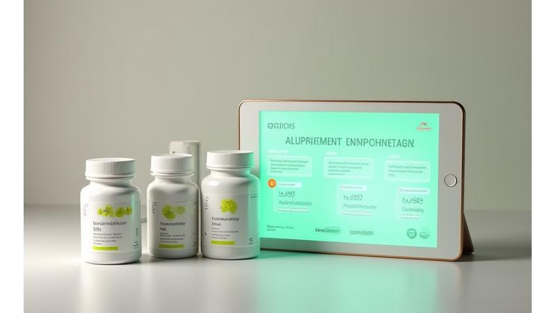 Various supplement bottles clearly labeled with a quality seal, alongside a digital display showing a personalized supplement recommendation interface, emphasizing safety and efficacy.
