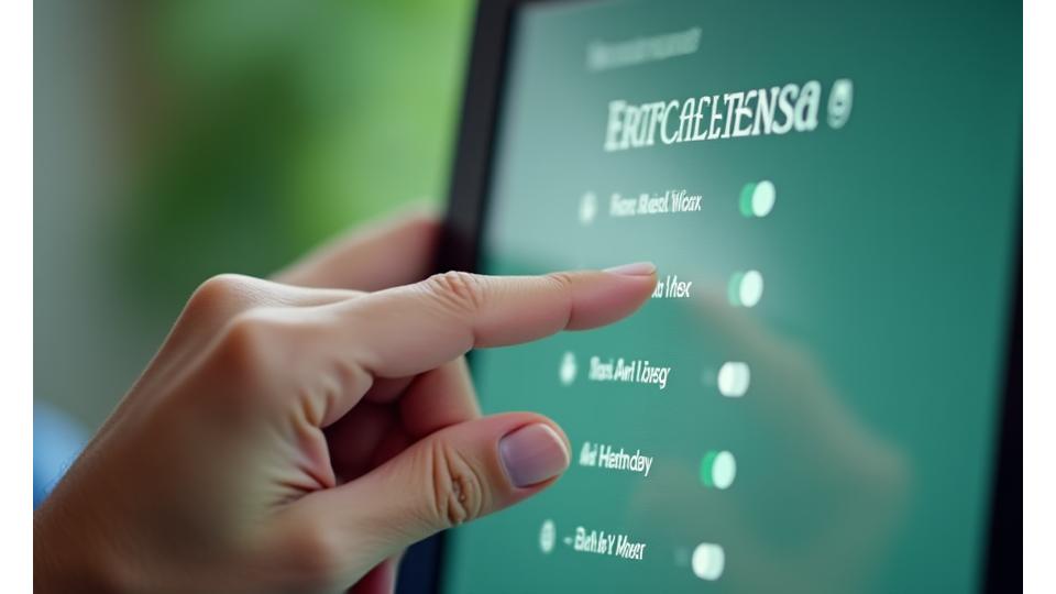 Illustration of a person's hand interacting with a digital interface, managing privacy settings with clear toggles and options, symbolizing user control over data.