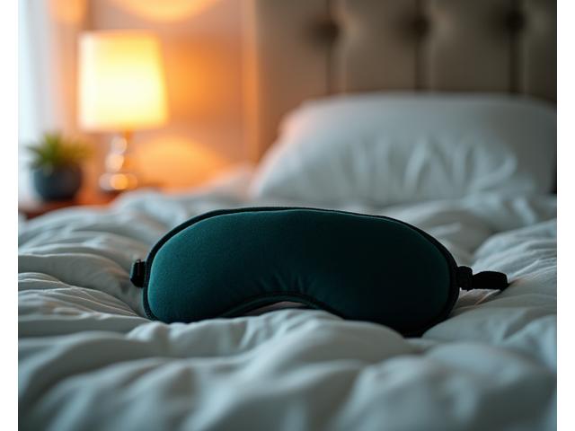 A cozy bedroom with soft lighting and a sleep mask resting on a pillow, suggesting tranquility.