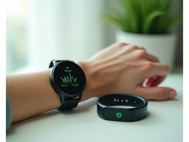 A sleek smartwatch displaying health metrics on a wrist, beside a modern fitness tracker.