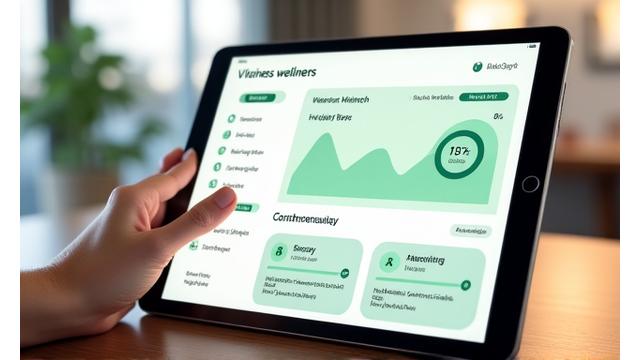 Illustration of the VitaSprout Gardens platform dashboard showing health metrics, insights, and user interface elements.