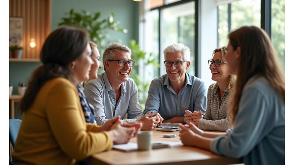 A diverse group of adults interacting positively in a health and wellness community setting, symbolizing supportive interaction.