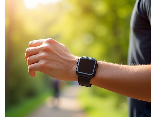 An active adult showing a fitness tracker on their wrist during a brisk walk outdoors, highlighting activity and progress.