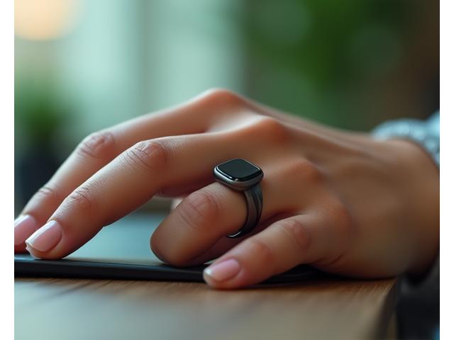 A close-up of a sleek, modern smart ring on an adult's finger, suggesting discreteness and advanced technology.