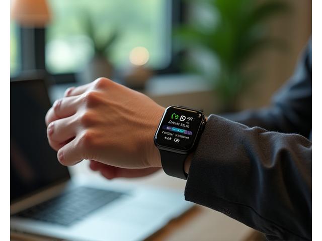 An adult looking at notifications and health metrics on a stylish smartwatch, with a blurred office or home background.